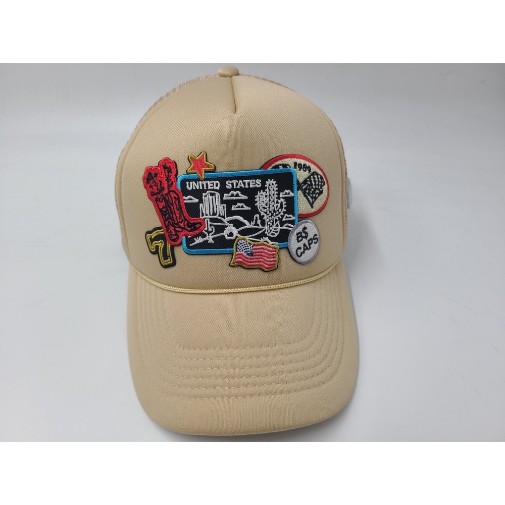 Bottom Shelf Caps United States Patches Western Mesh Trucker Snapback Hat Beige